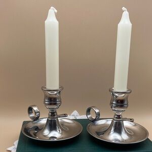 Classic Chamber style pair of silver-plated candle holders with snuffer holder